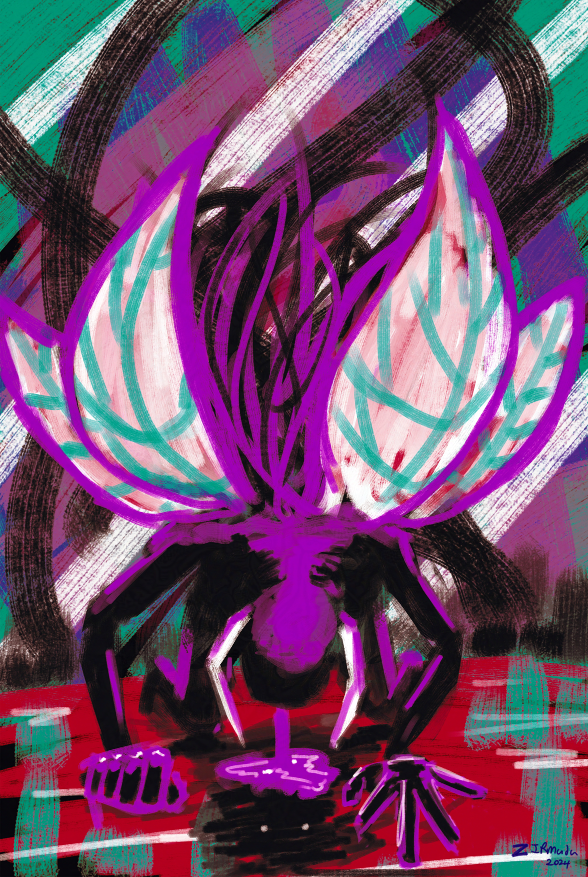 high energy visually striking image of surreal figure hunched over on ground blood high contrast wings bursting